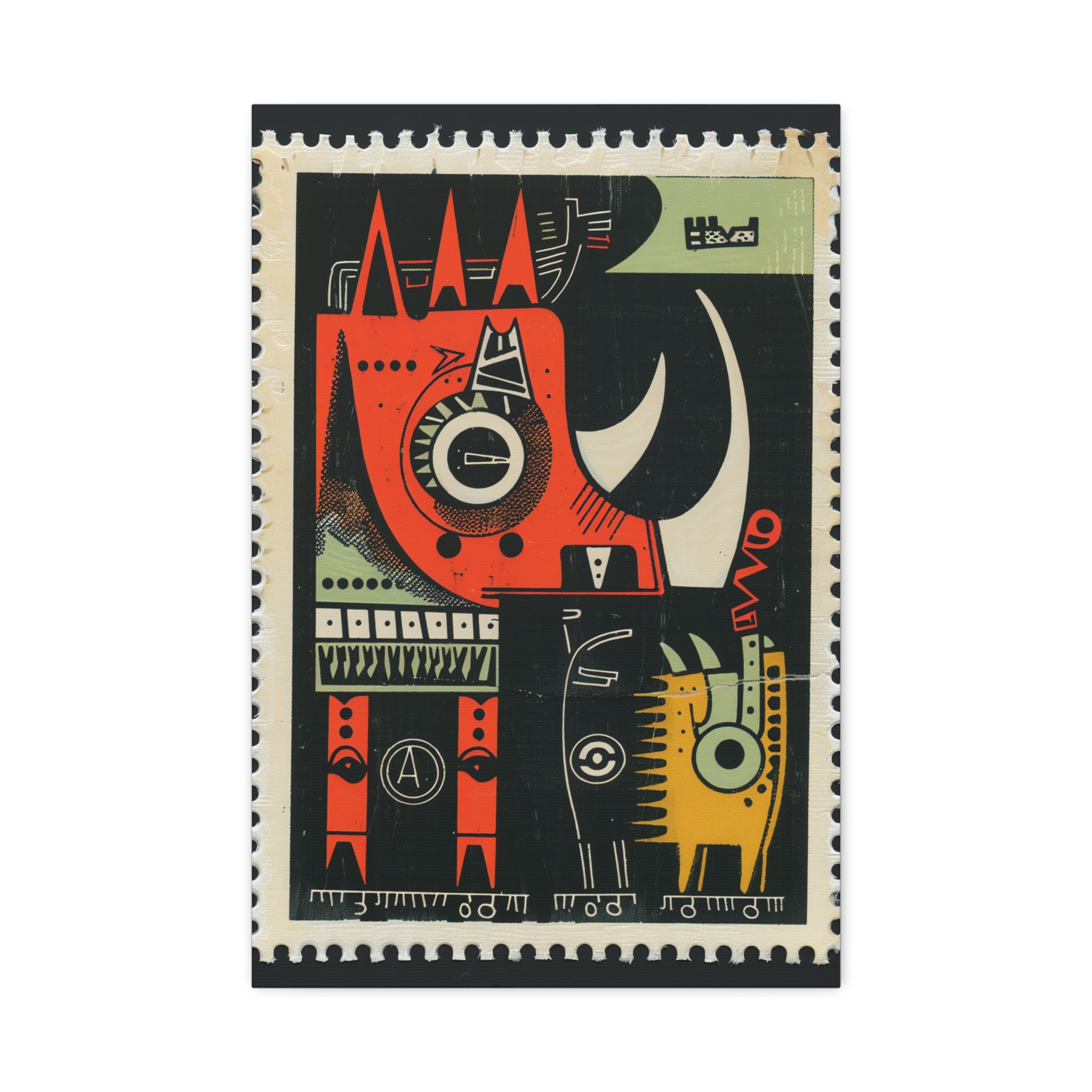 Retro 1950s Stamp Art Cat & Dog Screenprint Vintage Mail Art Cactus