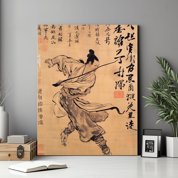 Art d'action inspiré du Qi Baishi - Homme à l'épée | Détails ultrafins | Art calligraphique à l'encre de Chine | Décoration murale orientale | Art complexe