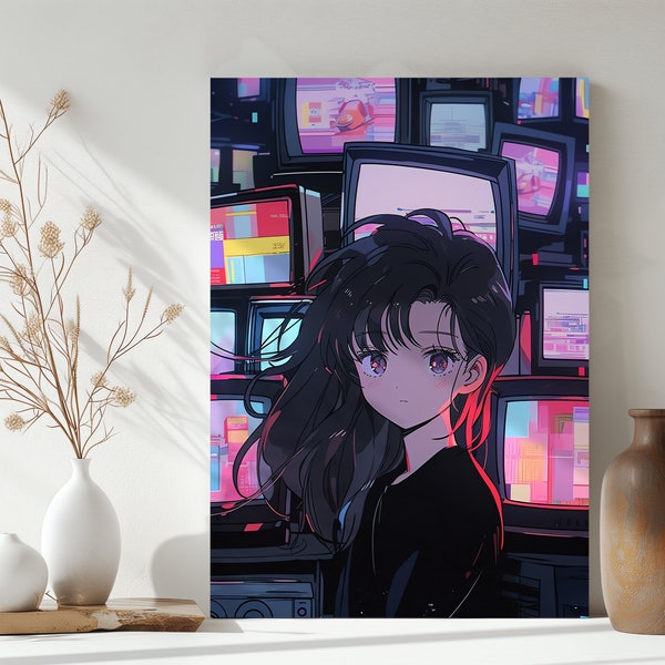 Cyberpunk Anime Girl Art / Retro CRT Monitor Canvas / Arte estético por ordenador / Chica anime mejorada x4 x2 / Decoración de pared / Digital