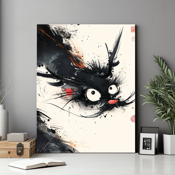 Yeux rouges de chat noir | Toile d'art détaillée | Inspiré par l'art japonais Ukiyo-e | Illustration de style sumi-e | Décoration d'art murale