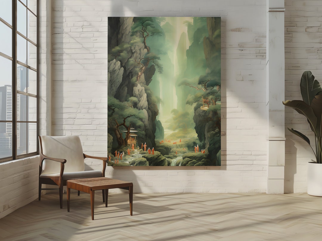 Enchanted Waterfall Canvas Art Zen Temple Backdrop Oriental Landscape ...