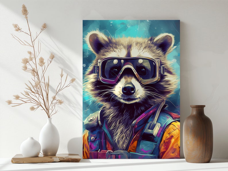 Raccoon in Space Goggles Art Canvas Photorealistic Rocket Painting