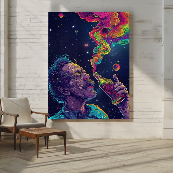 Psychedelic Cosmic Man with Alcohol Bottle | Digital Art Canvas Poster | LSD Style | Colorful Art | Psychedelic Imagery | Space Concept |