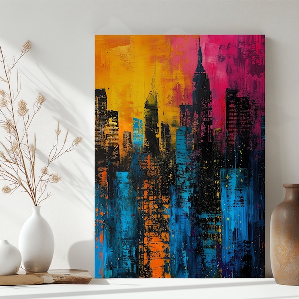 Lebhafte Skyline der Stadt bei Sonnenuntergang auf Leinwand | Von Basquiat inspirierte Kunst | Moderne Stadtbildmalerei | Bunte urbane Zusammenfassung | Ausgewählter Künstler |