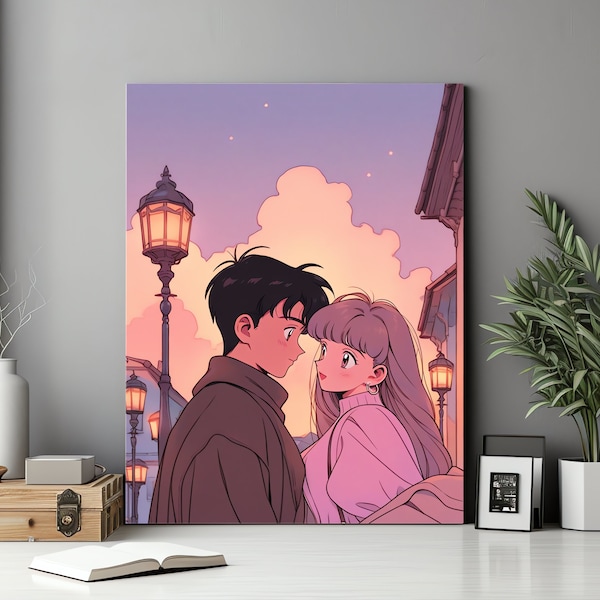 Vintage Shoujo Anime Canvas Art - Romantic Couple by Street Light - Classic Soft Lighting - Upscaled Wall Decor - Available in 2 Sizes