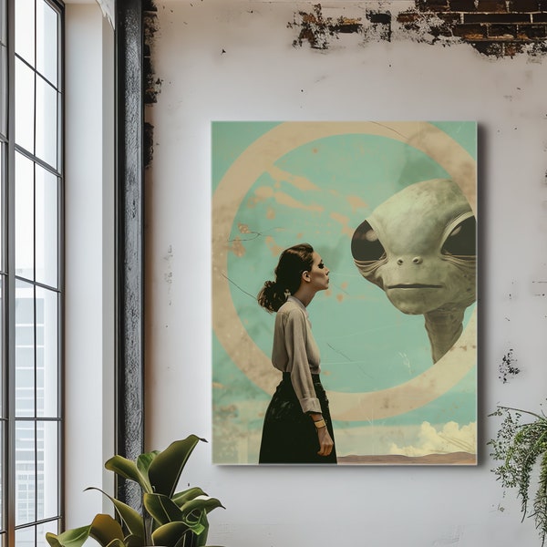 Portrait de femme extraterrestre surréaliste | Poster en toile | Art inspiré des ovnis | Pop surréalisme | ufologie | Décoration d'intérieur | Suspension murale |