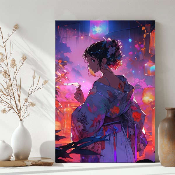 Cyberpunk Anime Lady | Kimono Window Scene | Fantasy Canvas Art | Upscaled x4 x2 | Etsy Fine Art Print | Futuristic