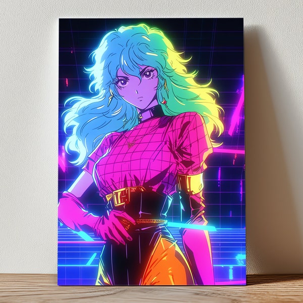 Blue-Haired Lady | Neon Background Canvas | 80s Anime Inspired | Sailor Moon Themed Art | Ideal Anime Lover Gift | Retro Manga Decor