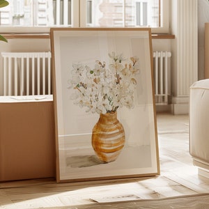 Florero Beige Arte imprimible, Arte de pared blanco beige neutro, Descarga digital botánica abstracta, Ilustración floral Estampado floral