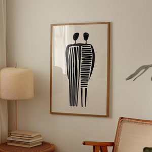 Abstraktes Paar, Kunstdruck, modernes, minimalistisches Schwarz-Weiß-Kunstwerk, gestreifte Figuren Illustration, einzigartiges Wohndekor, zeitgenössische Wandkunst