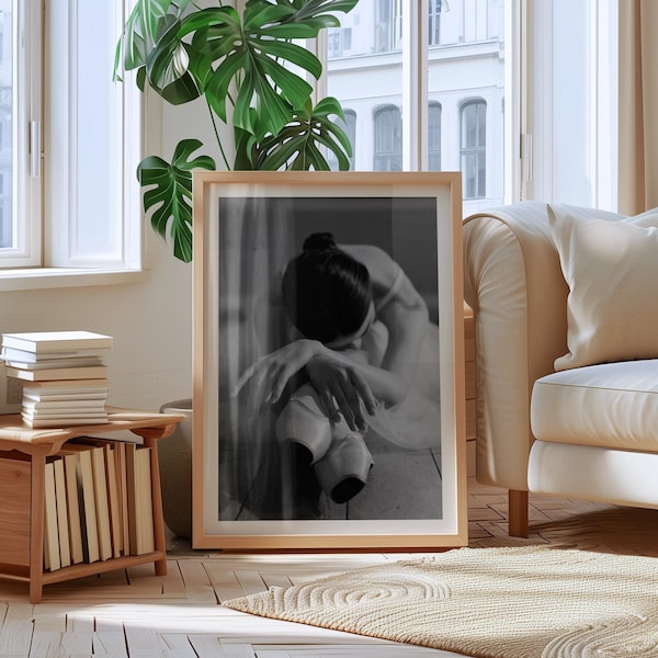 Poignant Ballet Repose, Black and White Ballerina Resting, Dance Fatigue Elegance, Digital download Wall Art