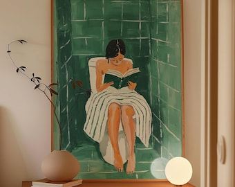 May include: A framed painting of a woman sitting on a toilet, reading a book in a green tiled bathroom. The painting is hanging on a wall in a bedroom with a wooden headboard and a bedside table with a lamp and a vase.
