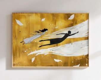 May include: A framed painting of two figures flying through the air. The figures are silhouetted against a yellow background with white accents. The painting has a modern and abstract style.