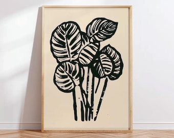 Minimalistischer Blattkunstdruck: Botanische Illustration in Schwarz-Weiß (Digitaler Download)