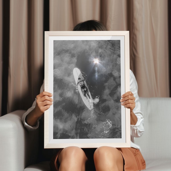 Solitary Surfer's Reflection, Monochromatic Ocean Photography, Peaceful Surfboard Solitude Image, Digital download