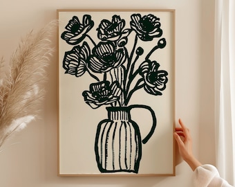 Flower Vase Beige Printable Art, Neutral Beige Black Wall Art, Abstract Botanical Digital Download, Floral Illustration Botanical Print