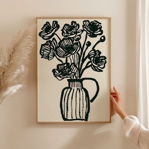 Florero beige arte imprimible, arte de pared negro beige neutro, descarga digital botánica abstracta, impresión botánica de ilustración floral