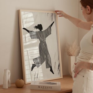 Abstract woman dancing in striped dress, minimalist black and white art, modern movement silhouette, bold wall decor, digital download