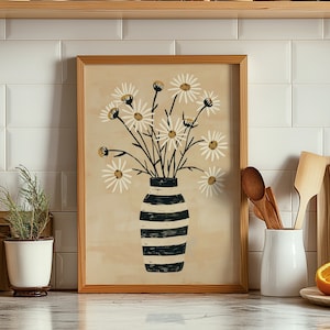 Impresión de margaritas, Impresión beige crema, Impresión de arte de jarrón, Impresión bohemia, Arte de pared neutro, Ilustración floral negra beige, Arte de pared de margaritas