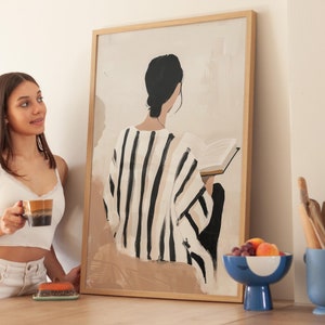 Stampa artistica minimalista di donna che legge, arte murale boho, regalo stampabile per gli amanti dei libri, silhouette femminile, stampa astratta femminile, arte contemporanea