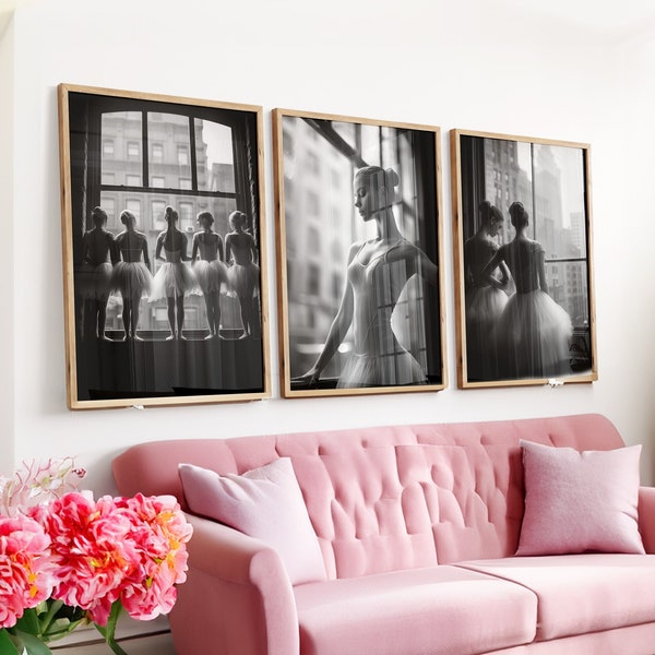 Set of 3 Ballerina Dancers Print | Black & White Wall Art | Gift for daughter | Girly Print | Teen Girl Room Decor | City Scenery Print