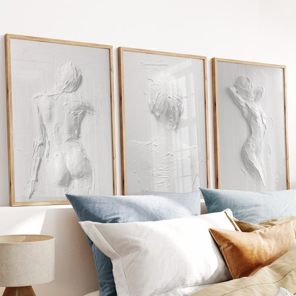Sculptural Wall Art, BODY Textured Wall Art Large, Set of 3 Prints, Woman Textured art, White Minimalist Wall Art, Digital Download