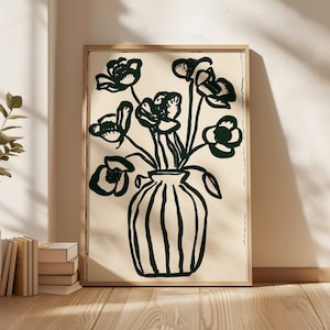 Descarga digital botánica abstracta, arte de pared negro beige, florero neutro arte imprimible beige, impresión botánica de ilustración floral
