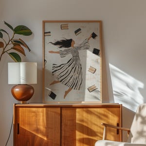Woman Reading Illustration Modern Wall Art Contemporary Art Minimalist Stripe Dress Print Flying Books Print Book Lover Art Digital Download