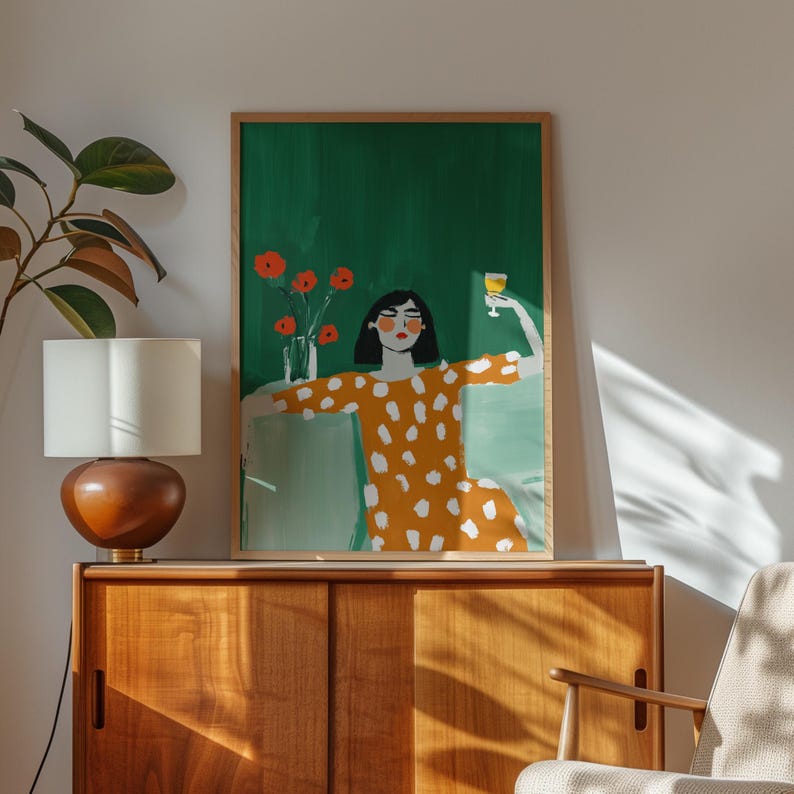 Woman in orange polka dot dress, holding wine glass, modern feminine print, bold green background, floral wall art, digital download, poster