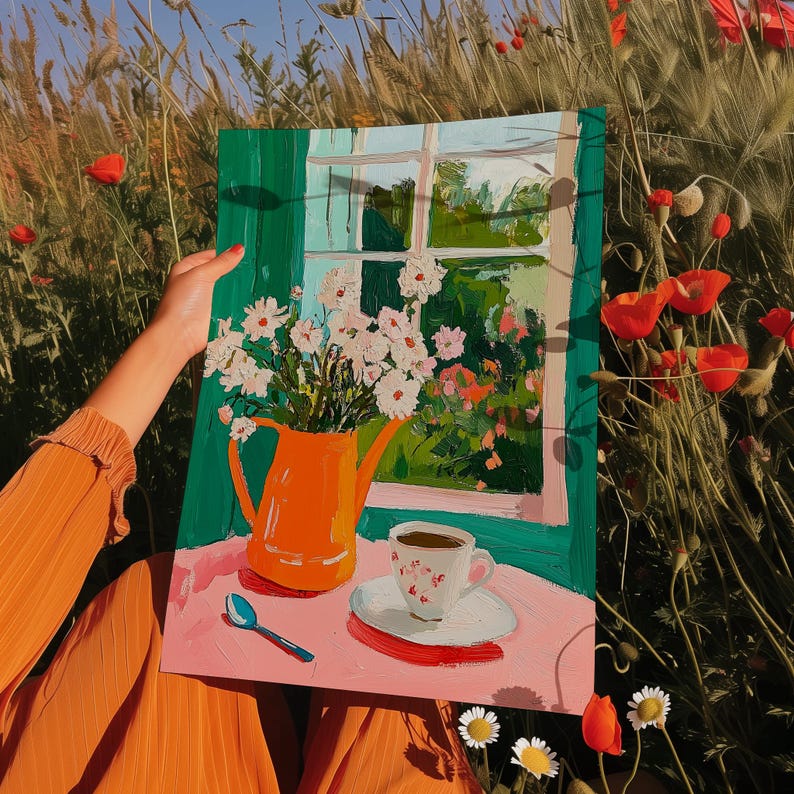 Floral still life painting, coffee cup and flowers, bright colorful window view art print, kitchen wall decor, cozy cottage style, flower print