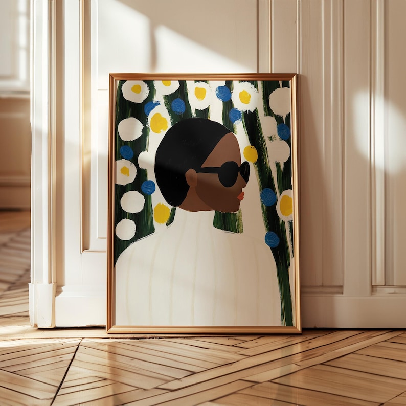 Contemporary woman portrait art, minimalist floral background print, digital artwork with bold colors, fashion-inspired wall decor, download