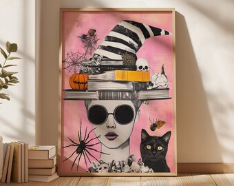ファンキーな魔女のハロウィンアートプリント：ピンクゴシック