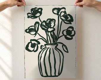 Minimalist Flower Vase Line Art Print, Dark Green Botanical Poster, Striped Vase Illustration, Modern Floral Wall Art, Unframed