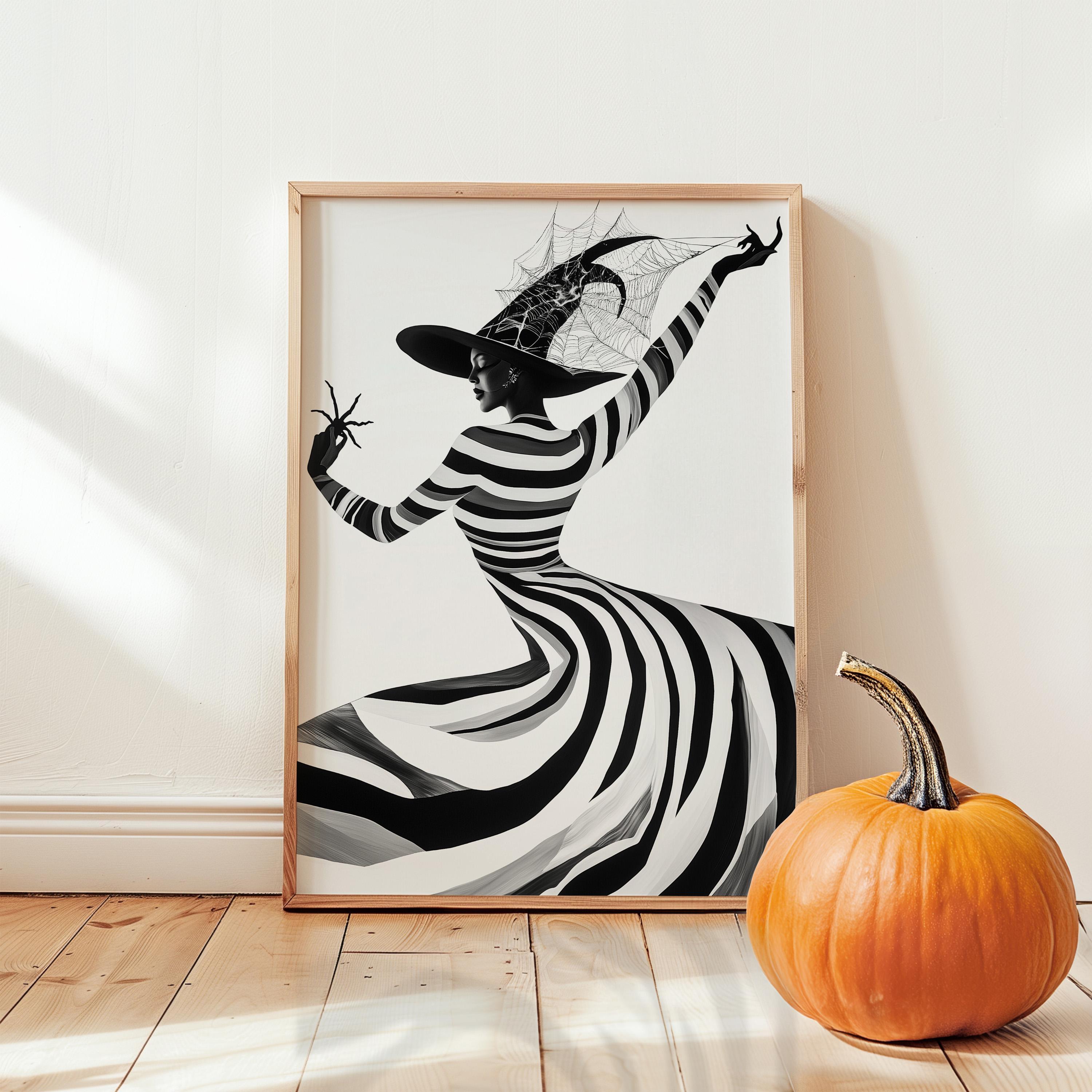 Elegant Witch in Striped Dress Art Print, Black and White Gothic Decor, Halloween Wall Art, Spooky and Stylish Wall Art Download