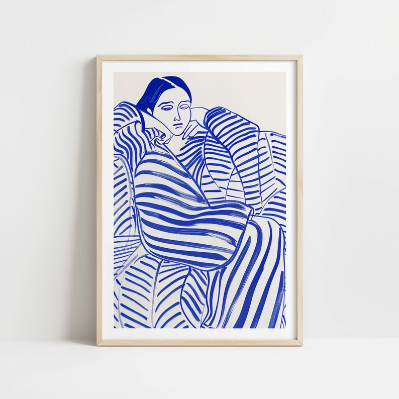 Cobalt Blue Striped Woman Art Print: Modern Abstract Wall Decor ...