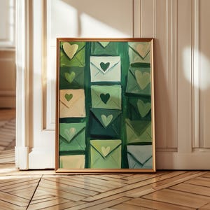 Impresión de corazón con sobre verde, arte de pared abstracto moderno con amor, decoración minimalista romántica, impresión artística del día de San Valentín, regalo de corazón caprichoso