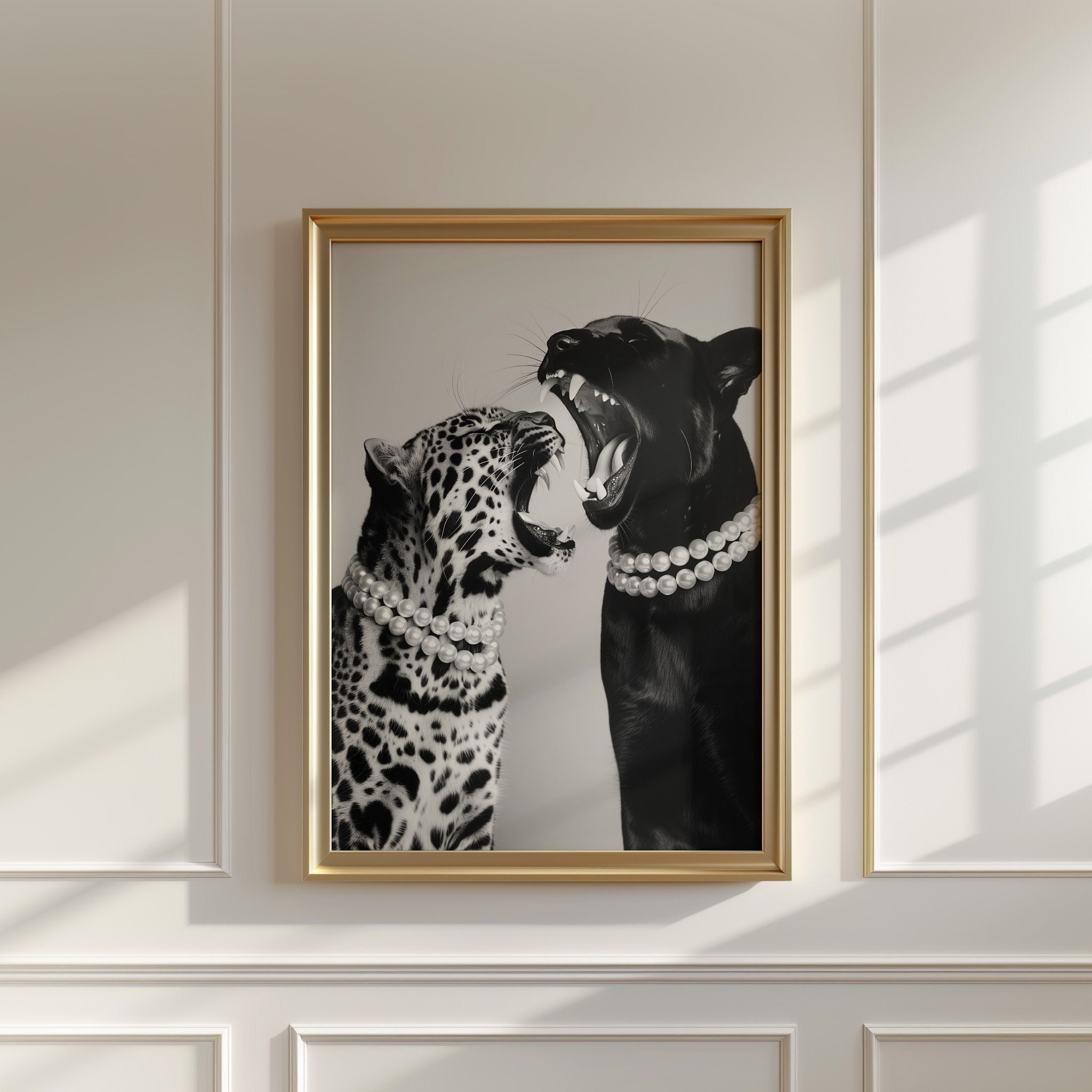 Chic Leopard and Panther Print, Elegant Wild Cats in Pearls, Black and White Animal Photography, Fashionable Jungle Art, Instant Download