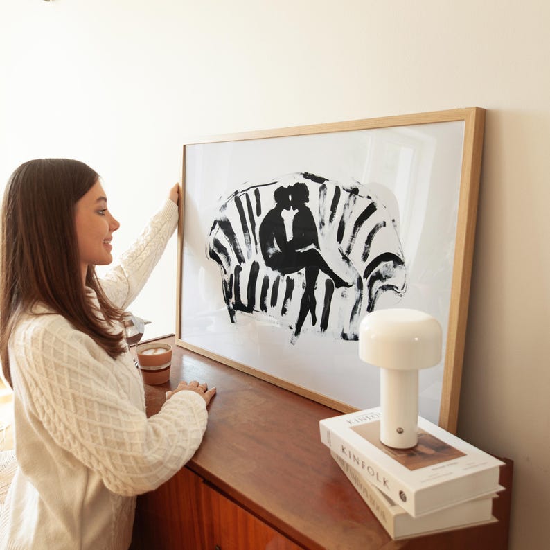 Romantic couple on couch, black and white minimalist print, abstract silhouette, modern wall art, digital download, printable love art