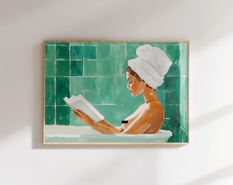 May include: A painting of a person in a white towel, sitting in a bathtub with green tiles, reading a book.