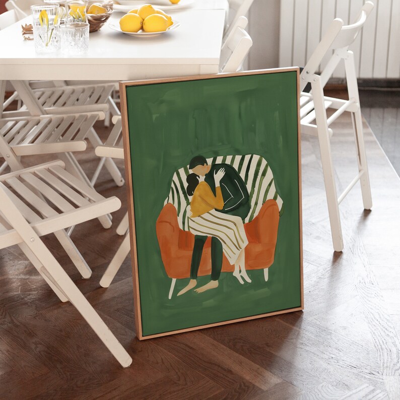 Abstract People Large Wall Art Contemporary Art Minimalist Print Living Room Emerald Green Wall Art Stripe Couple Printable Digital Download
