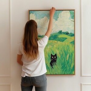 麦畑の黒猫のアートプリント、カラフルな猫の壁アート、自然にインスパイアされた風景、鮮やかな動物のアートワーク、猫好きのための室内装飾