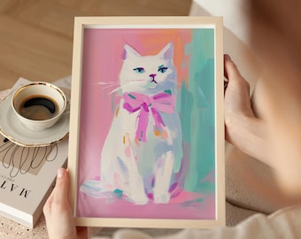 Stampa artistica di un gatto dai colori pastello: illustrazione di un fiocco rosa stravagante (download digitale)