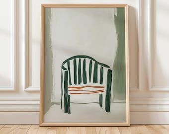May include: A framed illustration of a green striped chair with an orange stripe across the seat, set against a light green background.