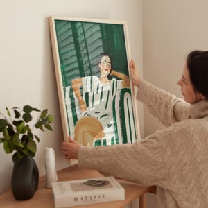 Relaxing woman art print, green and white minimalist portrait, modern figurative wall art, abstract lounging decor, digital home artwork