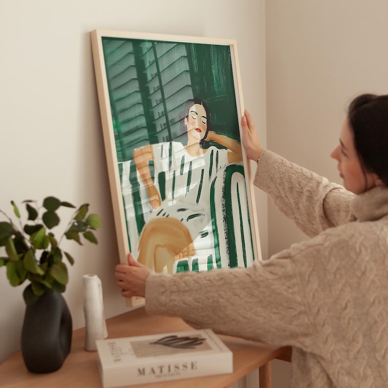 Relaxing woman art print, green and white minimalist portrait, modern figurative wall art, abstract lounging decor, digital home artwork