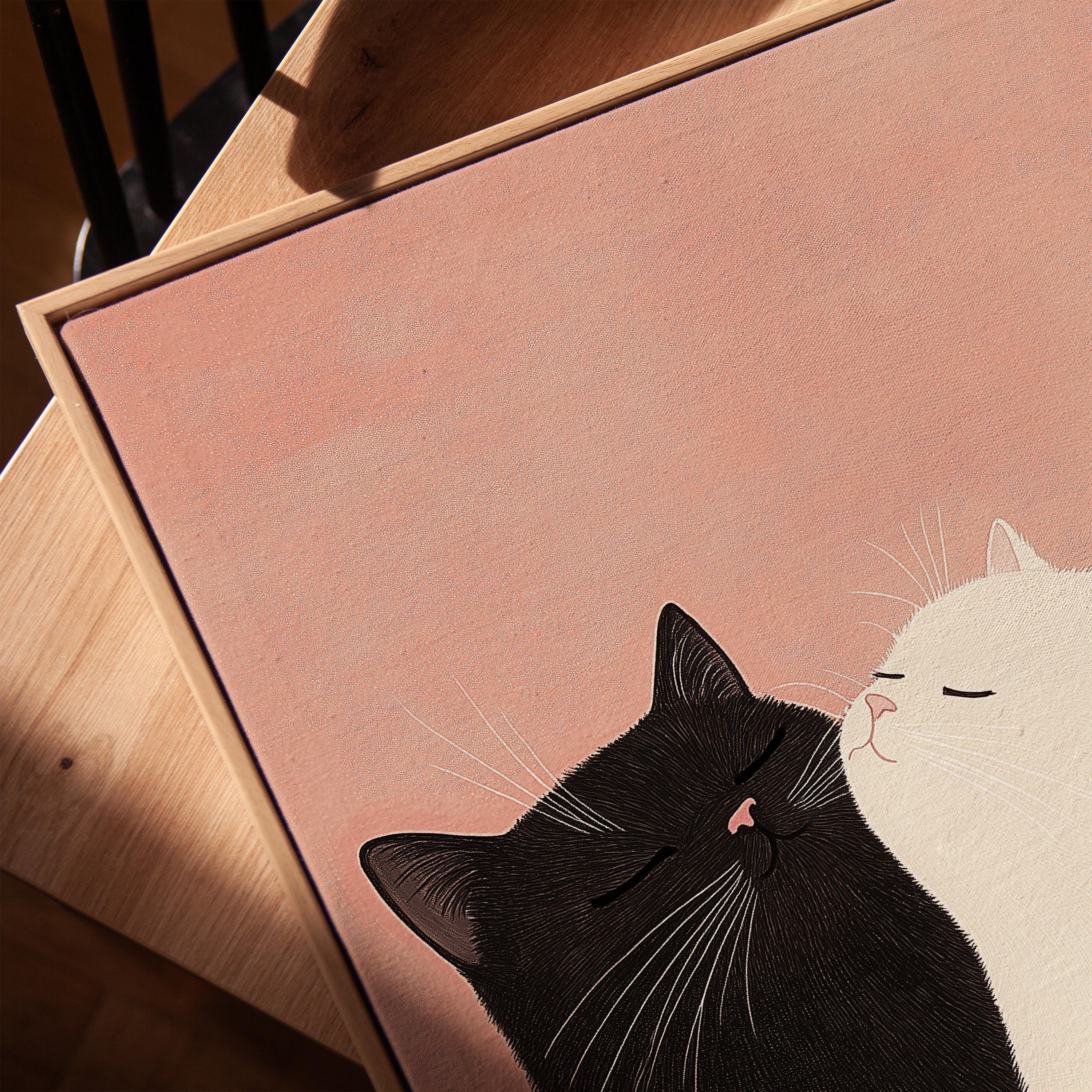 猫のカップルのアートプリント、白黒、ロマンチックなイラスト