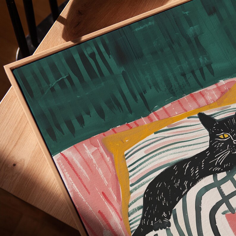 Black Cat Wall Art, Cozy Cat Illustration, Modern Cat Decor, Whimsical Animal Art, Cat Lover Gift, Striped Blanket Print, Playful Cat Poster