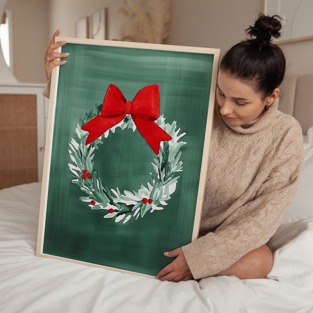 Christmas Wreath Print Red Bow Holiday Wall Art Digital Download Etsy