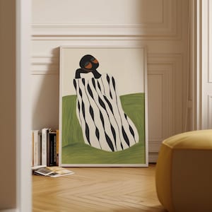Impresión de retrato abstracto minimalista, arte audaz con rayas en blanco y negro, decoración de pared digital con formas orgánicas, ilustración femenina moderna