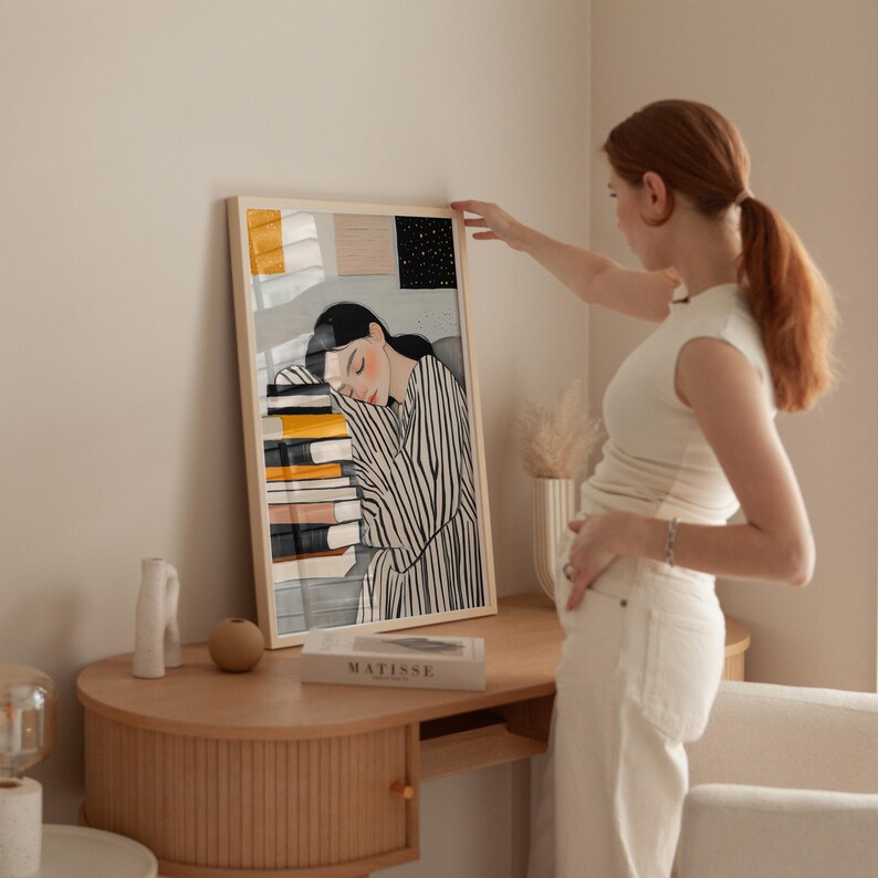 Sleepy girl with books illustration, cozy reading art print, minimalistic decor, striped design, peaceful study room decor, modern wall art